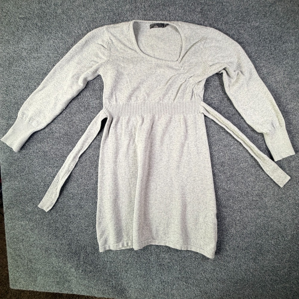 Prana Sweater Dress Women Large Gray Cotton Asymmetrical Neck Ruched Side Belted